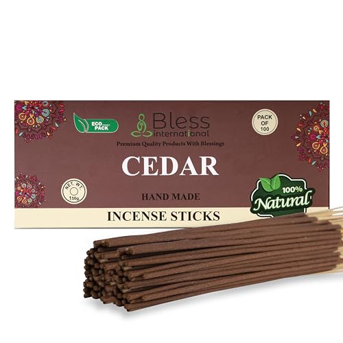 Bless-Cedar 100%-Natural-Handmade-Hand-Dipped-Incense-Sticks Organic-Chemicals-Charcoal-Free Purification-Relaxation-Positivity-Yoga-Meditation Best-Woods-Scent (100 Sticks(5.25 OZ))