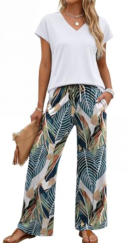 XIEERDUO Two Piece Sets for Women 2026 Cruise Travel Outfits Comfiest Airport Matching Lounge Set Clothing Wide Leg Pants Beach Vacation Clothes Palm Leaves L