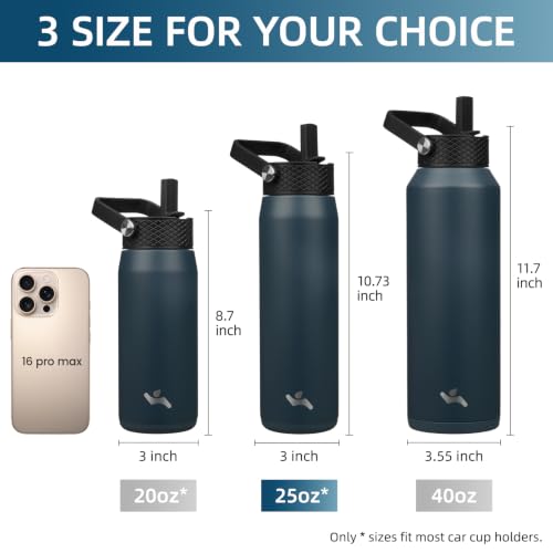 Image of Konokyo 25oz Insulated Stainless Steel Water Bottle with 3 Lids, Leakproof BPA-Free Bottle with Straw Lid, Sip Lid and Flex Cap for Gym, Travel, School, Office, Navy Blue