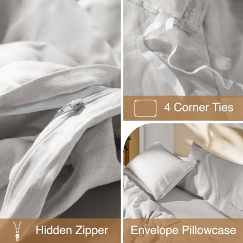 SONORO KATE 100% French Linen Duvet Cover Queen Size, Soft Breathable for Hot Sleepers, Moisture Wicking & Durable Cover Set - Zipper Closure & 4 Corner Ties Duvet Covers 3 Piece (Grey,Queen)