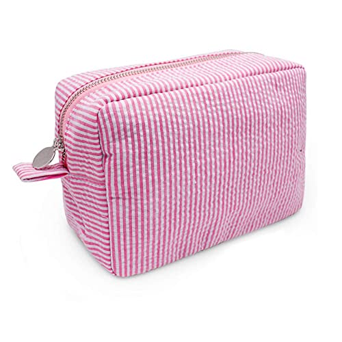 GFU Cosmetic Bags for Women, Seersucker Cosmetic Bag, Travel Toiletry Stripe Makeup Bag, Large Women Aesthetic Organizer Storage Pouch, Girls Handbags Purses (Pink)