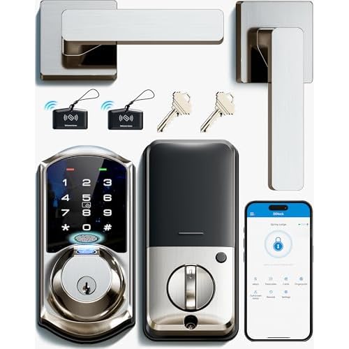 Veise VE07-L Fingerprint Smart Locks for Front Door with Zinc Alloy Handle Set, App Control, Keyless Entry, Electronic Digital Keypad Deadbolt, Auto Lock, Waterproof, Easy to Install, Satin 