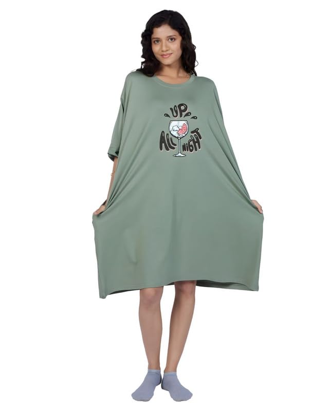 Image of LAMA STORE Women's Printed Oversized T-Shirt Dress, Cotton, 3 /4 Sleeve Length, Casual Loose Fit, Comfort Wear Extra Comfy Oversized Printed Pocket T-Shirt Dress