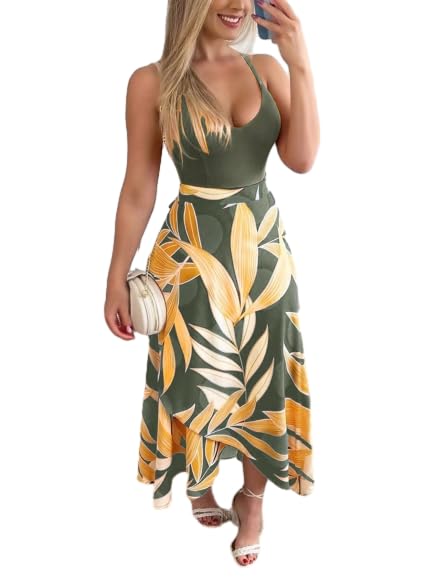 Tropical Dresses for Women Summer Wrap Dress Boho Spaghetti Strap Backless Slit Thigh Maxi Dress
