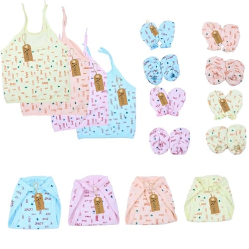 Newborn Jabla (4 Pcs) Jabli (4 Pcs) and Nappy (4 Pcs), Mittens & Booties (4 Pcs) Hosiery Soft Material, 0-3 Months