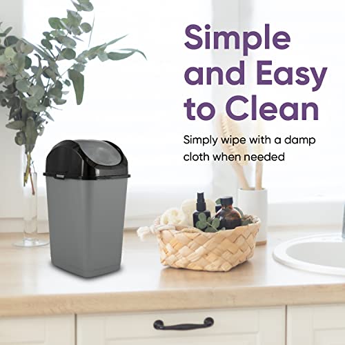 Superio 1.25 Gal Mini Plastic Trash Can With Swing Top Lid Small Waste Bin For Countertop, Desk, Vanity, Bathroom 5 Quart (Grey/Black, 3 Pack) #TOP3