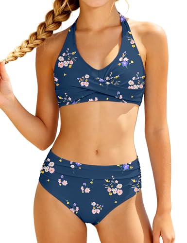 Image of WIQI Girls Swimsuit Bikini Set 2 Piece Bathing Suits Color Block Criss Cross Swimwear Size 9-16