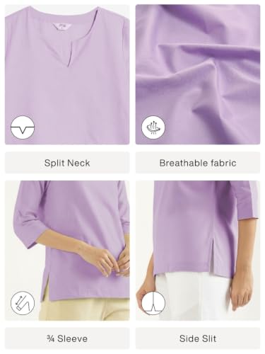 Image of SAADAA Airy Linen Split Neck Short Kurta for Women | Casual & Office Wear | 3 /4 Sleeves, Comfortable Fit | Elegant Top | Lightweight & Breathable Fabric |