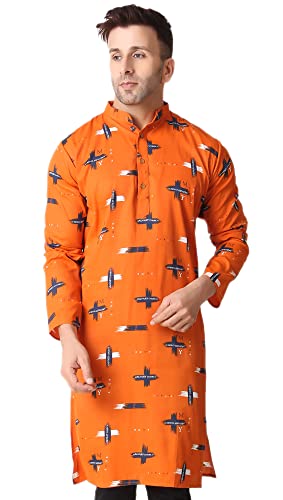 SKAVIJ Mens Printed Cotton Woven Indian Casual Kurta (Orange, Medium