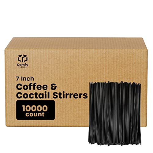 Comfy Package [7 Inch - Case of 10,000] Black Coffee Drink Stirrers & Cocktail Straws - Disposable Plastic Sip Stir Sticks for Hot & Cold Beverages