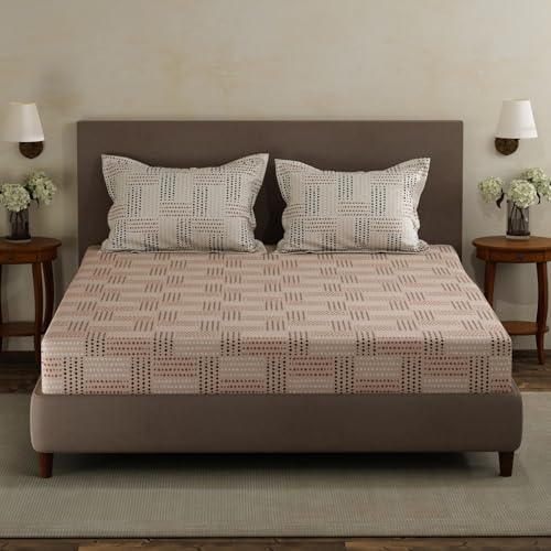 Image of Layers 100% Cotton Double Size Bedsheet Set | Beige Geometric Print | 120 TC Forever Collection | Soft & Breathable | Washable Bedsheet with 2 Pillow Covers | All Season