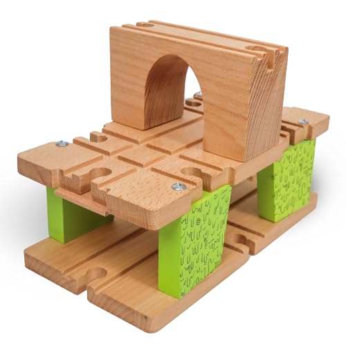 3 Level Wooden Bridge and Train Tunnel - Zany Trains - Toxic Turnpike - Viaduct Arch Bridge - Wooden Train Tracks Compatible with All Major Brands - Train Set Accessories Table