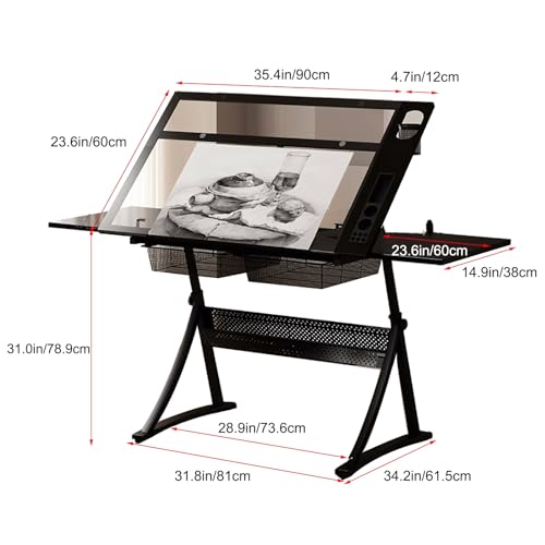 Drafting Table, 0°-50° Tilting Top, Height Adjustable Art Desk, All-in-One Architect Table for Reading, Writing, Crafting, Painting Art(Color:Black) (Black One Size)
