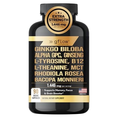 gflow vitamins 11-in-1 Alpha GPC with L Theanine, Ginkgo Biloba, Phosphatidylserine, Ginseng, Bacopa monnieri, L Tyrosine, Rhodiola rosea, VIT B12, MCT - Memory, Mental Clarity & Focus Cover