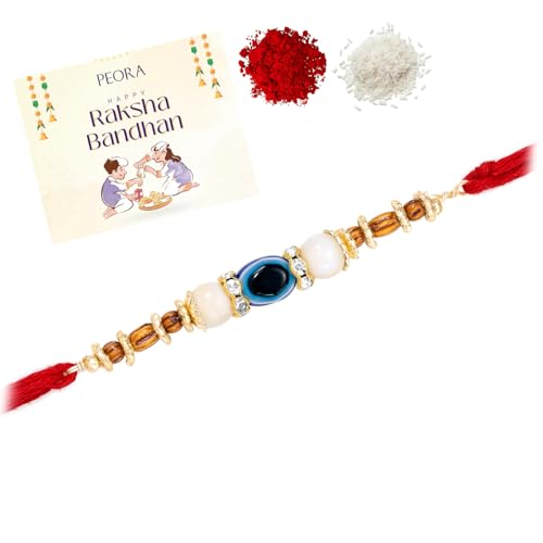 Image of Peora Evil Eye & Crystals Studded Rakhi for Brother Bhaiya | Red Thread | Raksha Bandhan Hamper with Roli Chawal Greeting Card