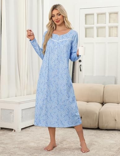 Ekouaer Women's Long Sleeve Nightgown Full Length Pajama Dress with Pockets V Neck Nightshirts Lace Trim Sleepwear4