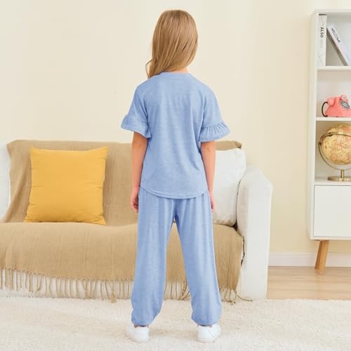 Image of Kids Girls Outfits Ruffle Sleeve T-Shirt Pants Set 2Piece 4-13 Years