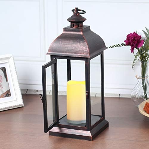 yucanucax Decorative Lantern with flameless LED Candle Light, Outdoor/Indoor LED Lantern, The Door-Open H16" Decorative Lantern,Timer Candle，Plastic with Bronze Undertones.USE 2C Battery(not Include)