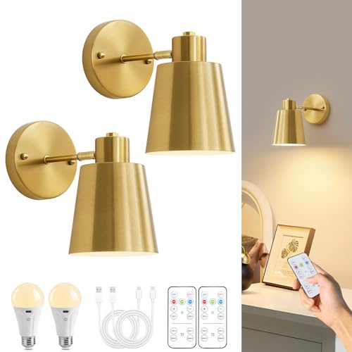 Gold Battery Operated Wall Sconces Set of Two with Remote, Rechargeable Battery Powered Wall Lights, 3 Color Temperature, Dimmable, Modern Wireless Wall Lamps for Bedroom Living Room Hallway