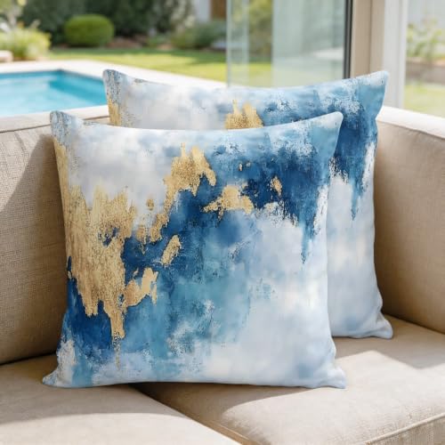Modern Marble Texture T Pillow Covers 18x18 inch Set of 2 Blue Gold Abstract Fusion Decorative Throw Pillow Covers Soft Cozy Pillowcase Cushion Cases for Couch Sofa Bedroom Home Decor