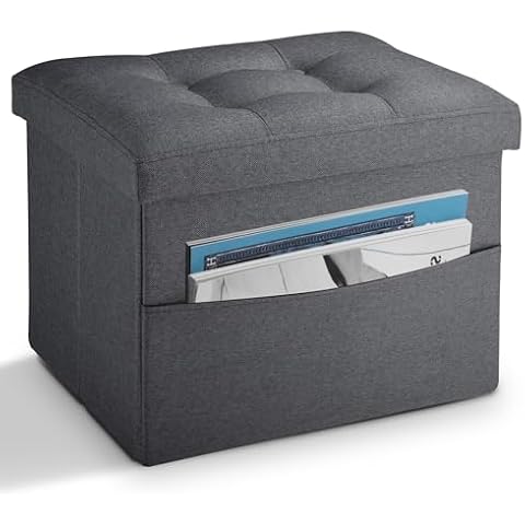 LINMAGCO Storage Ottoman Folding Foot Stool Ottoman Foot Rest with Side Pocket Modern Ottoman with Storage Short Sofa Stool Linen Cloth 17x13x13(Dark Gray) Cover