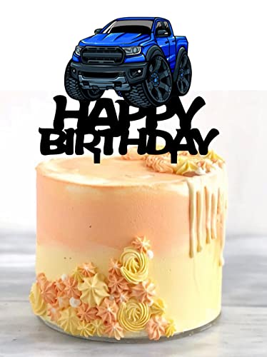 Pickup Truck Cake Topper Black Acrylic Transportation Theme Birthday Supplies, Pickup Truck Happy Birthday Cake Topper For Boy's Men' Birthday Party Decorations（Blue） #TOP4