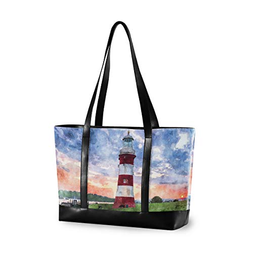 AKIOG Women Laptop Tote Bag Canvas Lighthouse Print Computer Bag Shoulder Laptop Bag Lightweight Handbag for Teacher Work Daily Use