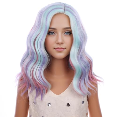 Image of PATTNIUM Kids Rainbow Wig Child Short Wavy Wig Multicolor Colorful Wigs for Girls Synthetic Wigs