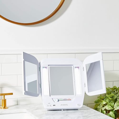 JERDON LED Makeup Mirror - Trifold, 5X-1X Magnification, White