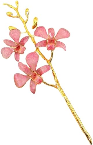 Flower Themed Jewelry, Gold Trimmed Dendrobium Orchid 3 Blossom Stem - White/Pink