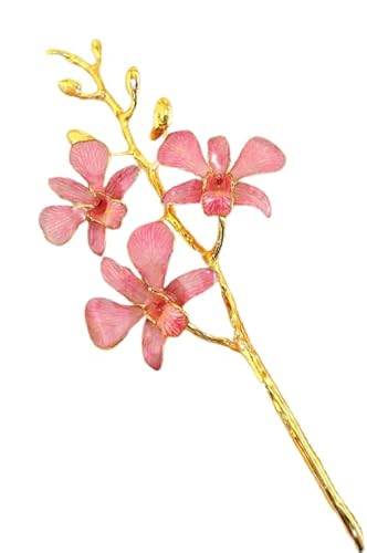 Flower Themed Jewelry, Gold Trimmed Dendrobium Orchid 3 Blossom Stem - White/Pink #TOP2