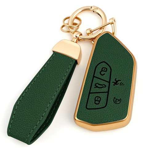 Amazauto Soft TPU & Leather Key Fob Cover, Compatible with VW Volkswagen Atlas ID.3 ID.4 Golf 8 GTI R Seat Leon MK4 2020-2026, Car Key Protector with Keychain (Green, 5 Buttons)