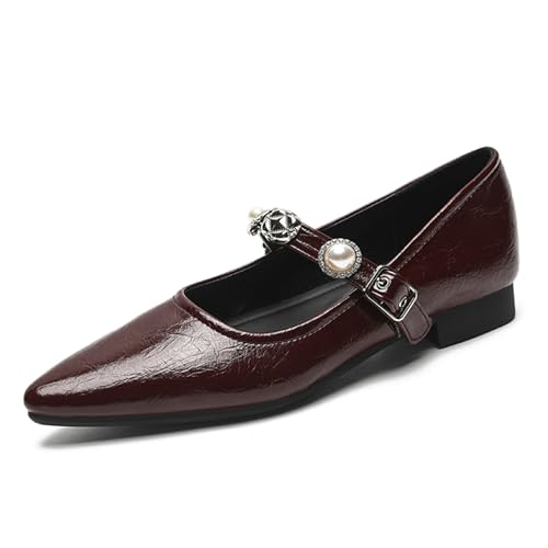 Women's Leather Pointed Toe Mary Jane Flats Fashion Pearl Rhinestone Ankle Strap Dress Ballet Flats for Office Party Walking Formal