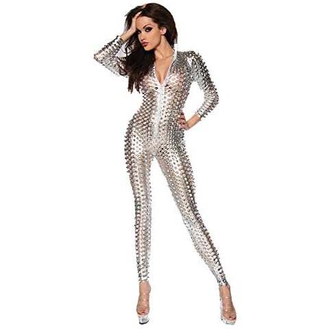 fagginakss Women's Shiny Catsuit Ladies Sexy Faux Leather Jumpsuit Dancewear Hollow Out Zipper Front One Piece Cosplay Party Clubwear Fancy Playsuit Silver Cover