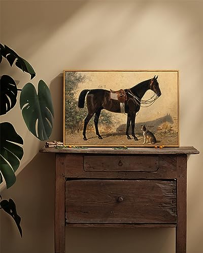 Image of ARPEOTCY Framed Canvas Horse Wall Art, Classical Horse and Dog Art Print for Home Decor, Large Rustic Farmhouse Country Wall Decor for Living Room, Bedroom, Bathroom, Office, 16x24 inch