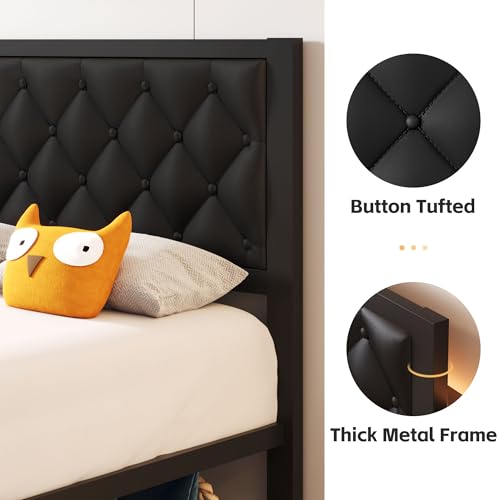 Twin Bed Frame with Headboard PU Leather Upholstered Bed Frame Platform,All Metal Slats Support Platform Bed Frame with Storage Space,Easy Assembly,Noise Free,No Box Spring Needed,Black