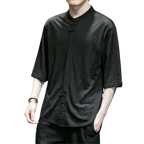 Chemise manches trois-quarts homme style chinois rétro coupe ample col montant