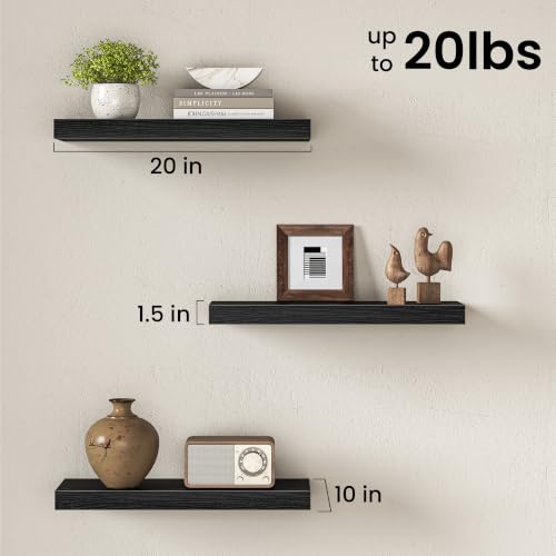 Image of Fun Memories 10 inch Deep Floating Shelves with Invisible Brackets, 20 inch Wall Shelves for Bathroom Bedroom Living Room, Modern Rustic Shelves for Home Decor, 20 inch W x 10 inch D x 1.5 inch H, Set of 3, Black