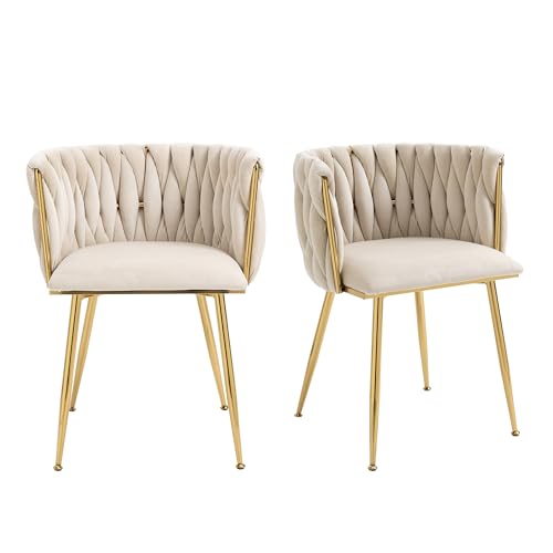 A ALFRESCOOL Silla de terciopelo, silla con reposabrazos, sillas de comedor, sillón moderno con patas de metal doradas y cojines suaves para comedor, salón y dormitorio (juego de 2, beige)