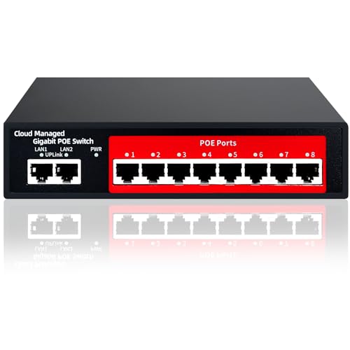 STEAMEMO 10-Port Gigabit Managed PoE Switch, 8 PoE+ Ports@120W, 2 Uplink Ports, VLAN, PoE Scheduler, Fanless, Plug and Play, Sturdy Metal, Desktop and Wall-Mount