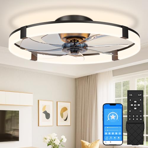 VOLISUN Low Profile Ceiling Fans with Lights and Remote 23.6in Flush Mount Ceiling Fans with Light 3000K-6500K Dimmable Fandelier Ceiling Fan Black Bladeless Ceiling Fan for Bedroom
