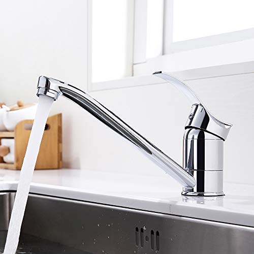 GAVAER Robinet de cuisine, conception compacte spéciale, mitigeur de cuisine pivotant à 360 °, poignée unique avec valve en céramique, laiton massif chromé et eau chaude et froide disponible