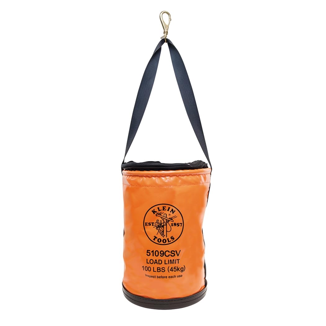 KLEIN TOOLS 5109CSV Tool Bucket, Top Closing Vinyl Lineman Bucket with Swivel Snap and Web Handle, 30 cm, 45 kg Load Rated Tool Holder