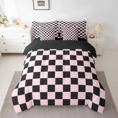 Image of Erosebridal Plaid King Comforter Set with Sheets 7 Piece Pink Black Checkerboard Bed in A Bag Geometric Checkered Bedding Sets for Kids Adults,Aesthetic Grids Bed Set