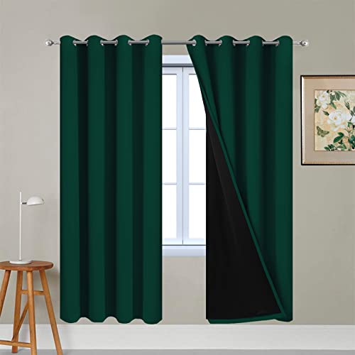 Image of Yakamok Dark Green 100% Blackout Curtains 72 Inches Long 52 inch Wide 2 Panels | Blackout Curtain Panels for Bedroom, 2 Thick Layers Grommet Top Thermal Insulated Drapes with Black Liner for Living Room
