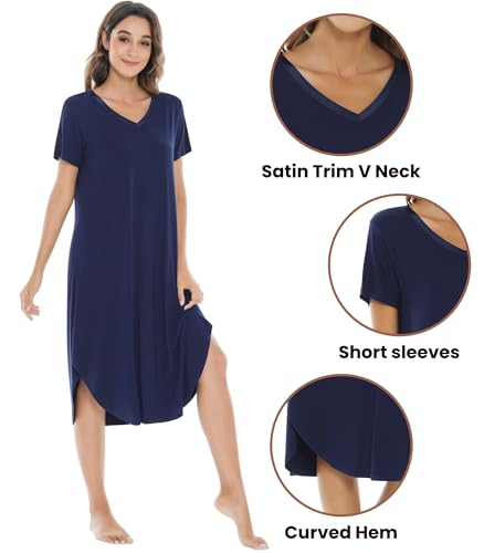 Image of NACHILA Nightgowns for Women-Viscose Made from Bamboo, V Neck Sleepshirts Short Sleeve Sleepwear Cool Nightshirt