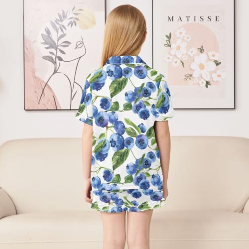 Retro Blueberry Painting Summer Satin Pajama Set, Cute Button-Down Sleepwear Pj Set for Sleep Wears4