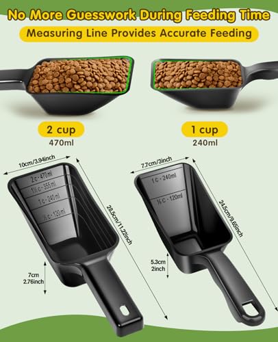 GNEOCO 2 Pack Dog Food Scoop with 1 Cup and 2 Cup Capacity, Plastic Pet Food Measuring Scoops with Clear Measurement Lines for Dogs, Cats & More,Dishwasher safe (Black)