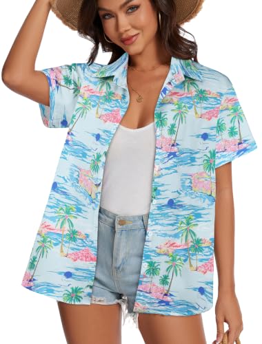 Image of Women Hawaiian Shirt Button Down Summer Tops Beach Short Sleeve Blouse