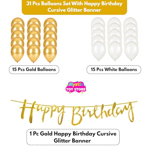 Image of Happy Birthday Decoration Kit for Baby Teenage Girls Men Women Adults Home Table Year With 30 Pc Gold White Balloons 1 Pc Golden Happy Birthday Cursive Banner Items Set Combo